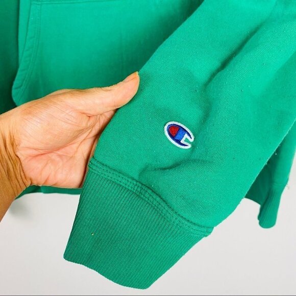 Vintage 90s Champion Spell Out Sweater Hooded Sz L Green Sweatshirt Big Logo Y2K - Picture 10 of 12